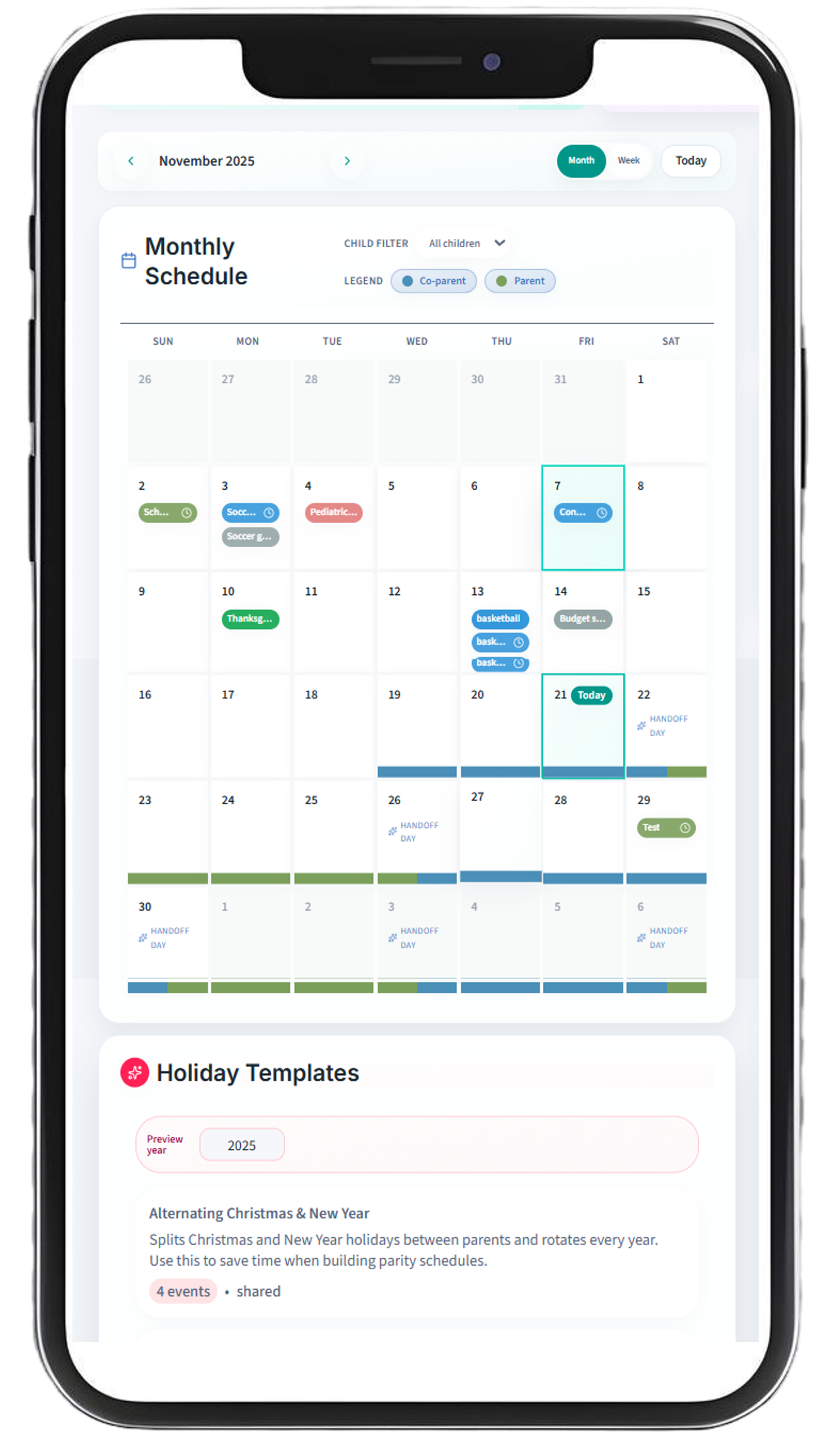 Screenshot of shared custody calendar